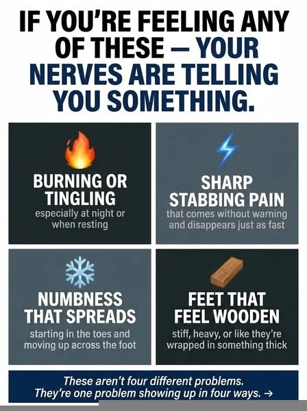 Four warning signs of neuropathy: burning tingling, stabbing pain, numbness spreading, feet feeling wooden